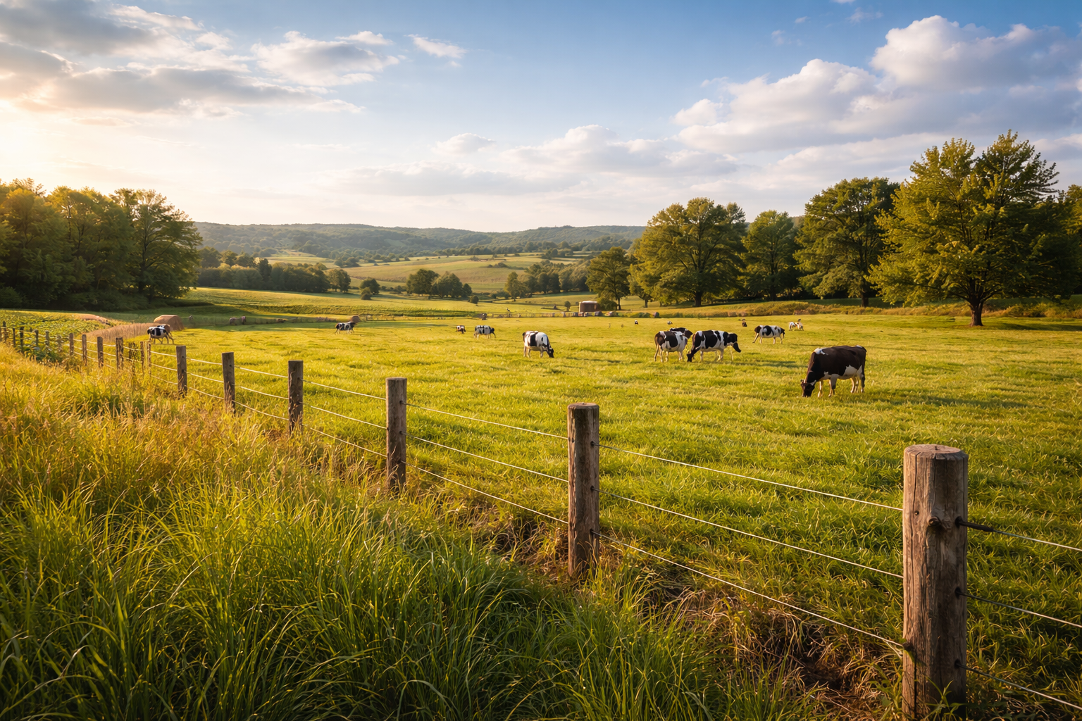 Pastoral farmland at sunset with grazing cattle